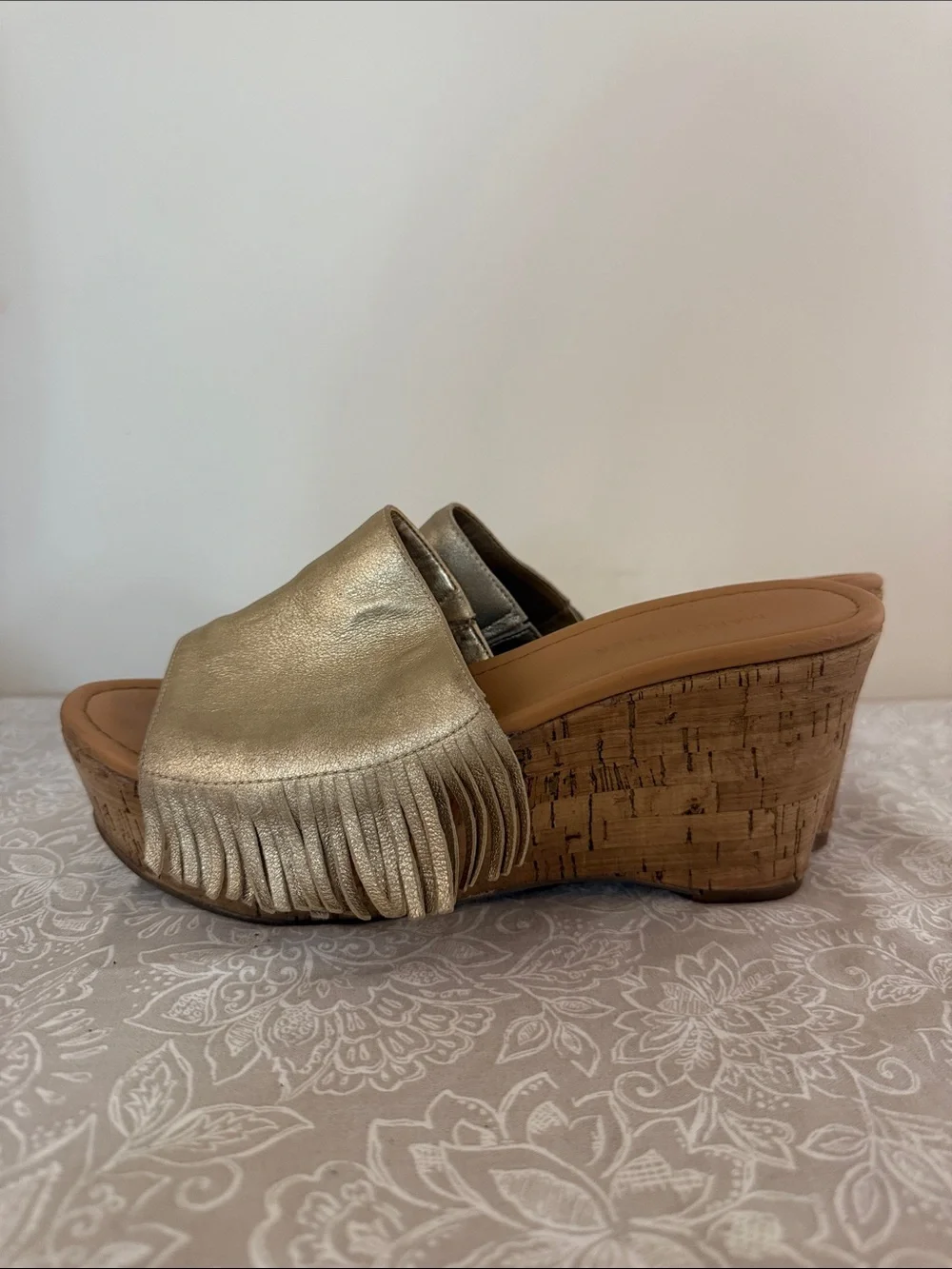 Marc Fisher Metallic Gold Fringe Cork Wedge Slides